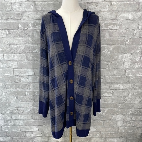 Maurices Sweaters - Maurices Blue and Gray Plaid Hooded Cardigan